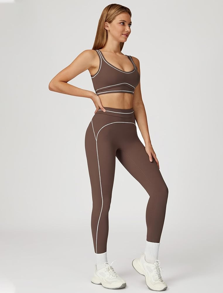 Amazon.com: QBGJTD Womens Workout Sets Two Piece U Back Color Block Crop Tank Sports Bra Matching Tummy Control Leggings 2 Piece for Women Gym Yoga Active Wear Pilates Outfits Athletic Work Out Set Brown L : Clothing, Shoes & Jewelry | Amazon (US)