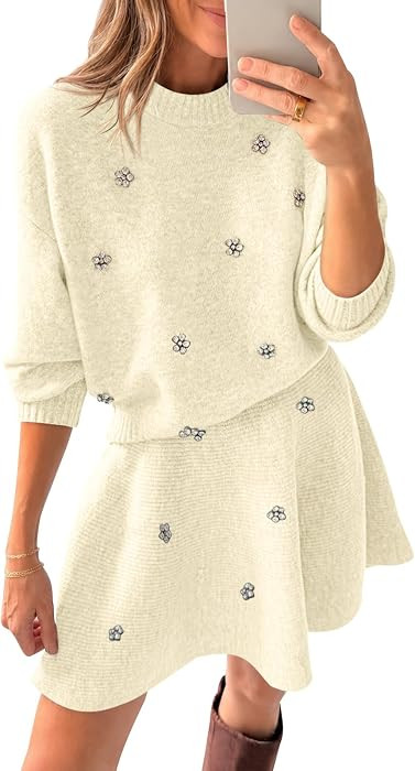 Saodimallsu Womens 2 Piece Sweater Skirt Set Fall Elegant Long Sleeve Crew Neck Top and Knit Mini... | Amazon (US)