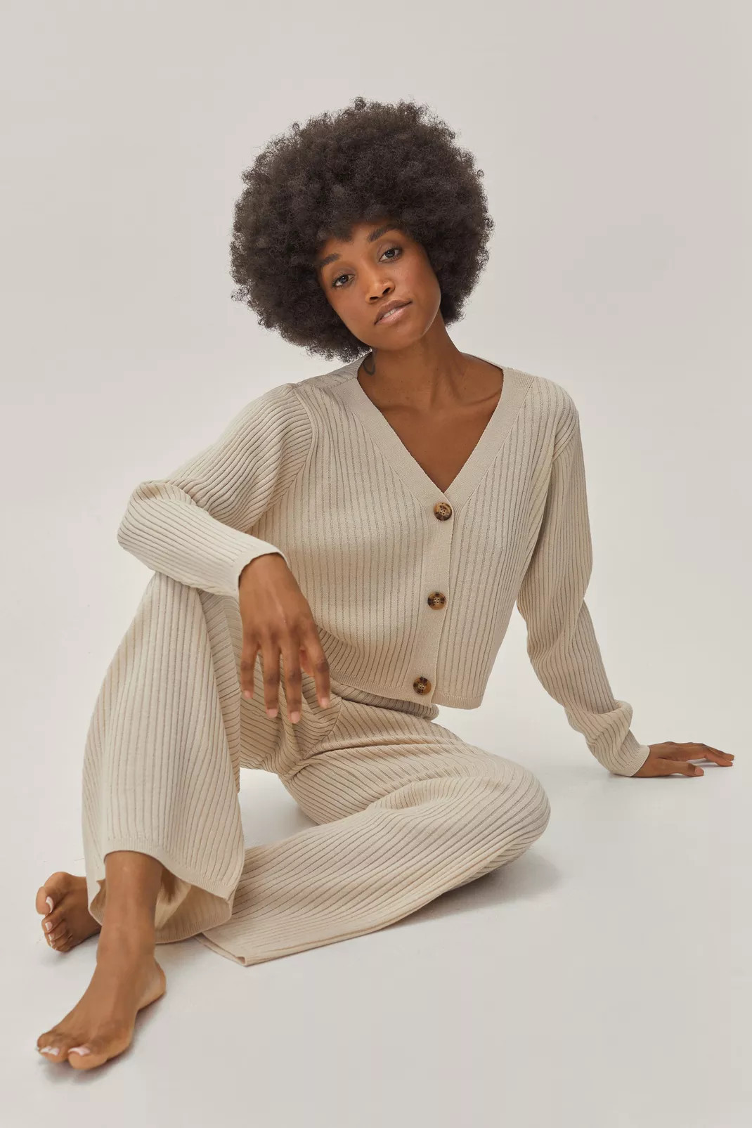 Petite Ribbed Cardigan and Pants Loungewear Set | Nasty Gal (US)