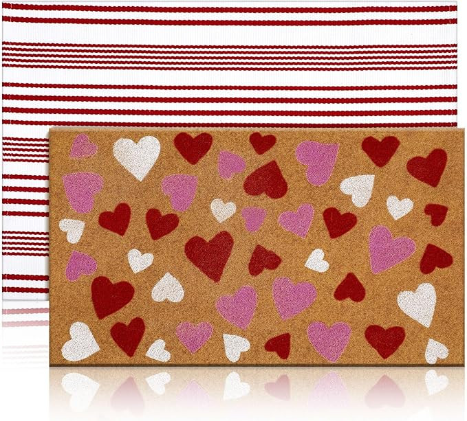 Moucuny 2 Pcs Valentine's Day Coir Welcome Doormat Outdoor Valentine's Day Rug Layered Red and Wh... | Amazon (US)