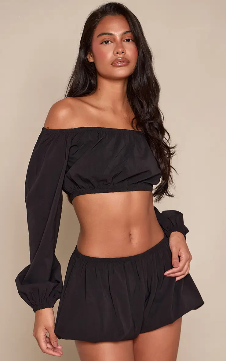 Black Woven Bardot Long Puff Sleeve Crop Top Co-ord | PrettyLittleThing USA | PrettyLittleThing US