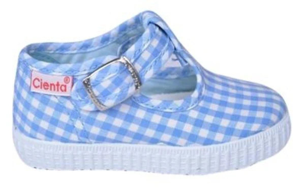 Cienta T-Strap Shoe - Light Blue Gingham | JoJo Mommy