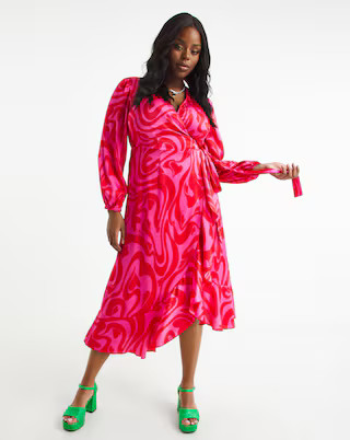 Pink And Red Swirl Print Satin Wrap Dress | Simply Be (UK)