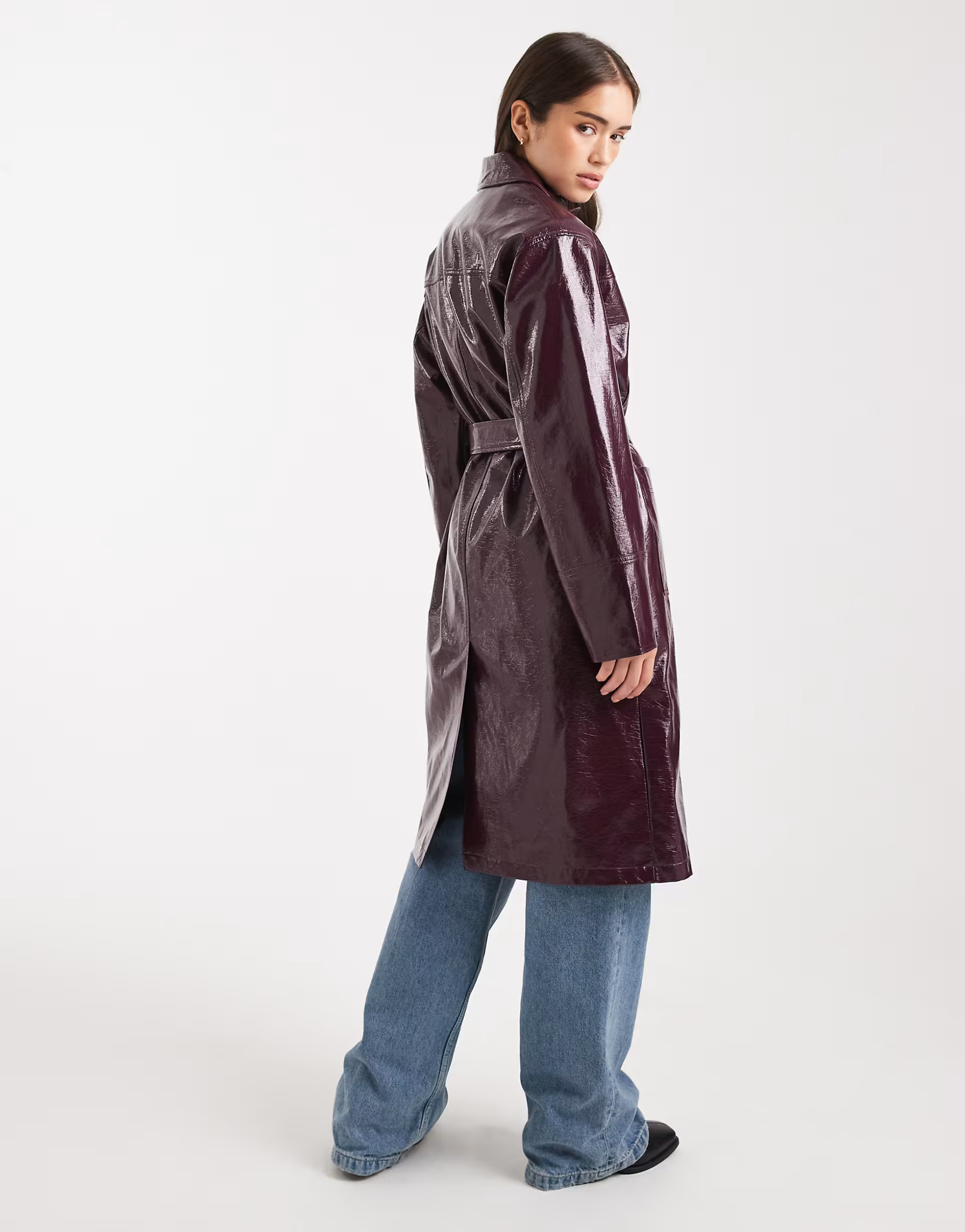 Miss Selfridge vinyl faux leather trench in plum | ASOS (Global)