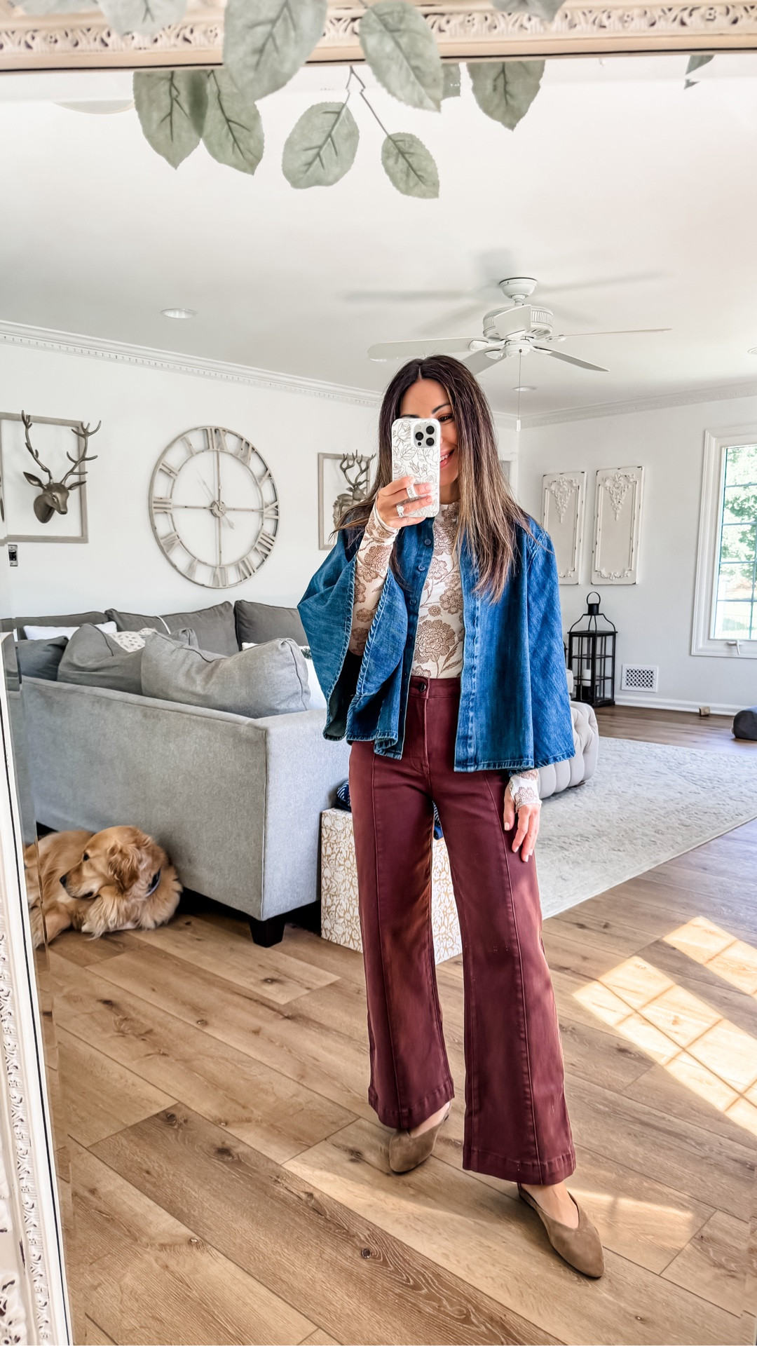 25 brown jeans. Small denim kimono. Small sheer top. Denim jacket.

#LTKOver40 #LTKPetite