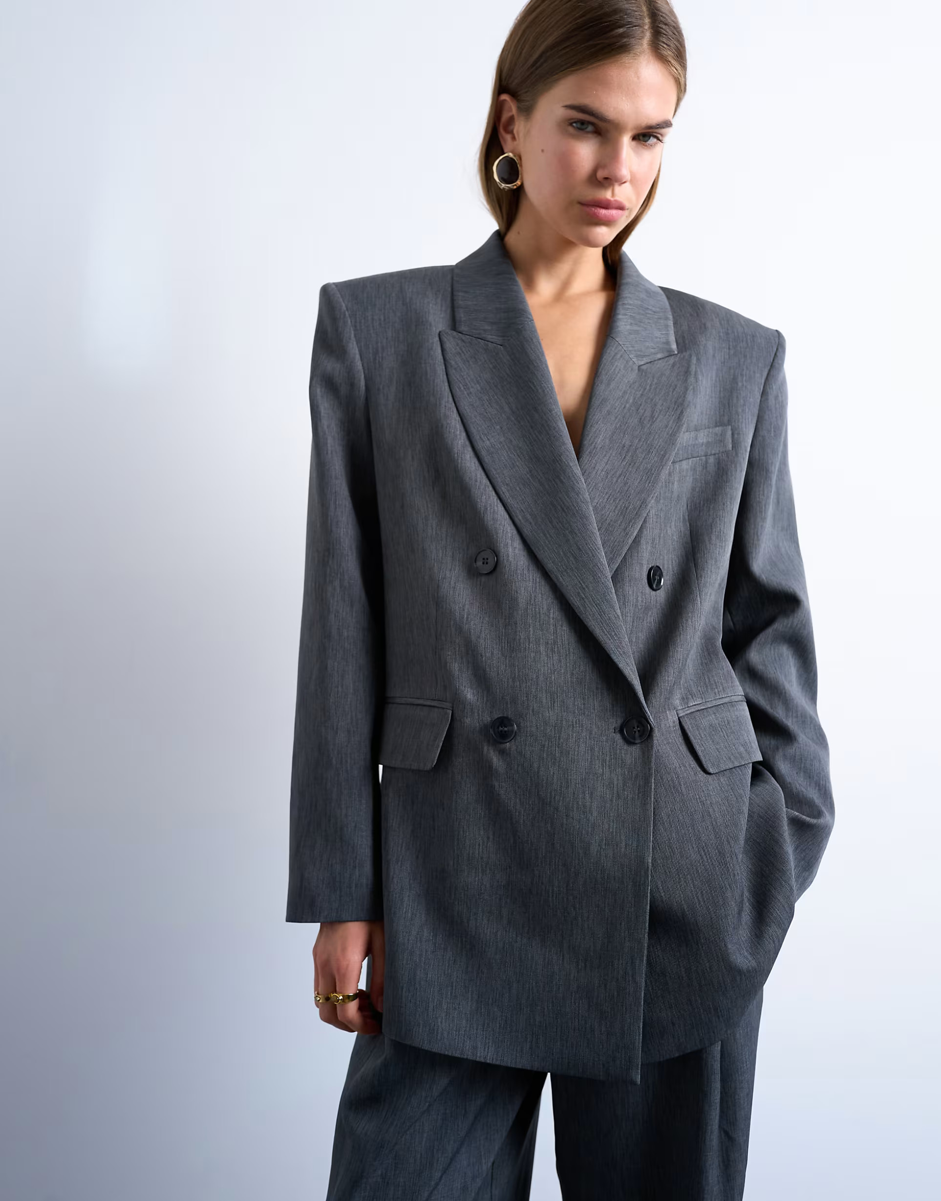 Topshop tonic 80s double breasted oversized suit blazer in grey | ASOS (Global)