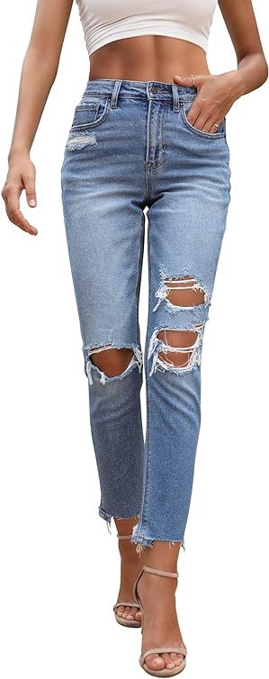 OFLUCK Women Stretch Ripped High Waisted Jeans Frayed Raw Hem Distressed Denim Pants with Hole | Amazon (US)