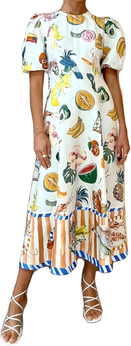 Qikaka Women's Short Puff Sleeve O Neck Graffiti Printed Bodycon Sexy Nightclub Party Casual Dres... | Amazon (US)