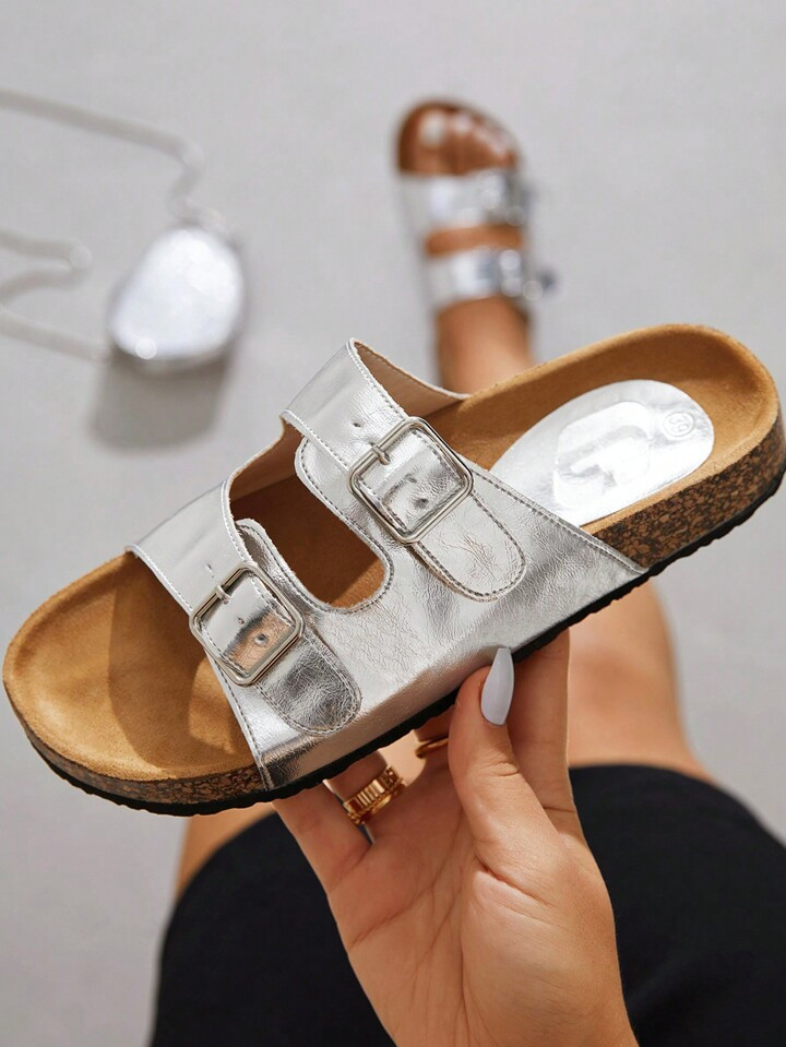 CUCCOO EASI Woman Shoes Fashion Outdoor Versatile Silver Flat Sandals For Summer Vacation Shoes S... | SHEIN