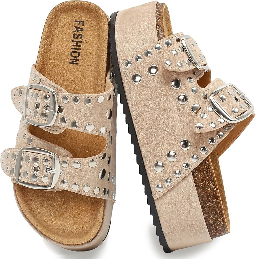 Women's Platform Sandals With Cork Footbed Suede Studded Sandals Adjustable Double Buckle Wide Wi... | Amazon (US)