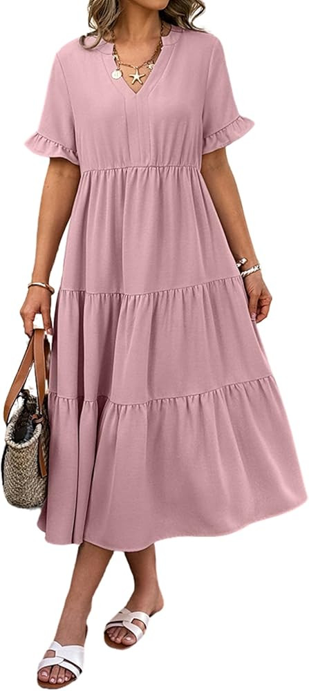 Theenkoln Womens Casual Midi Dress: Short Sleeve V-Neck Empire Waist Gingham Spring Fashion Long ... | Amazon (US)