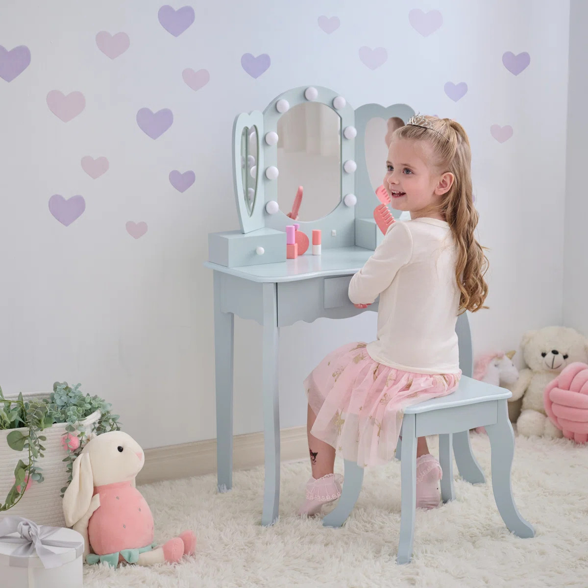 Teamson Kids Heart Glow Wooden Vanity Set With LED Lights Mirror & Stool | Wayfair North America