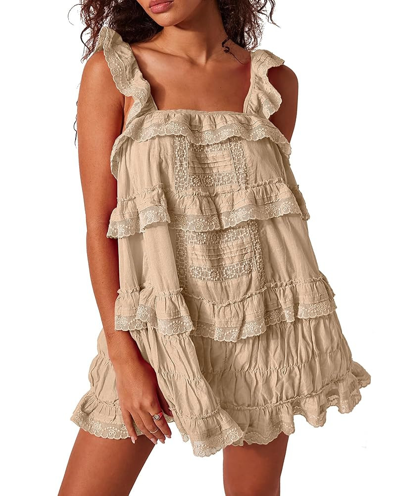 Gacaky Women's Summer Casual Sleeveless Rompers Ruffle Flowy Boho Sun Dress Loose Mini Dress with... | Amazon (US)