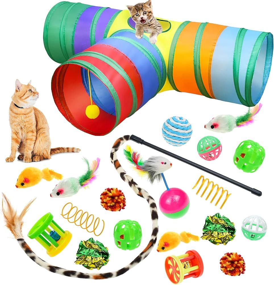 Malier Interactive Cat Tunnel Toys Set With Feather Toy, Crinkle Balls, and 3-Way Tube - Great fo... | Amazon (US)