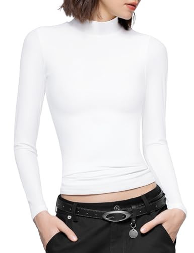 PUMIEY Long Sleeve Shirts for Women Turtleneck Slim Fit T Shirts Going Out Tops Basic Tee, Splashed White Medium | Amazon (US)