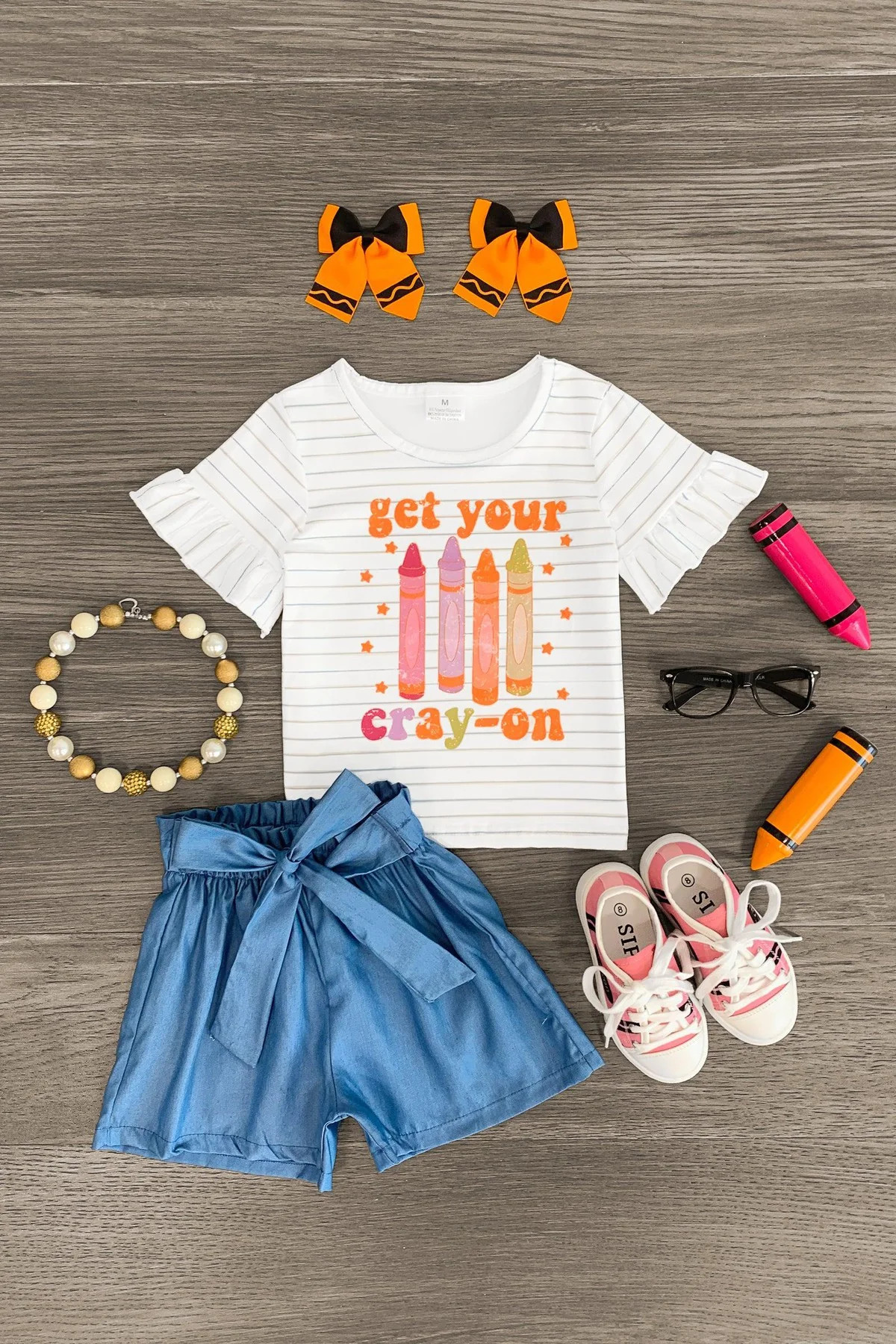 "Get Your Cray-On" Chambray Tie Short Set | Sparkle In Pink