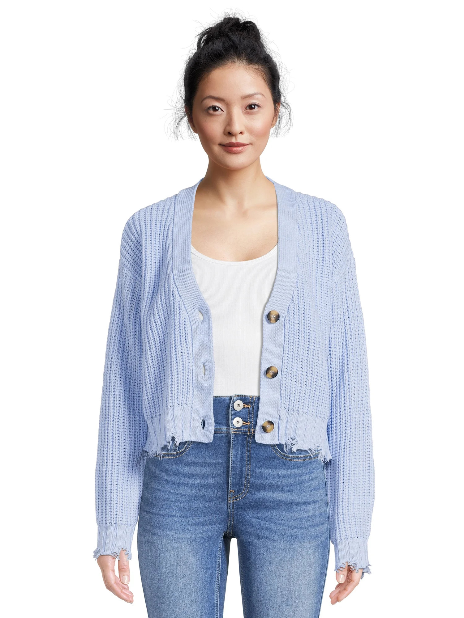 No Boundaries Juniors Frayed V-Neck Cardigan, Midweight | Walmart (US)