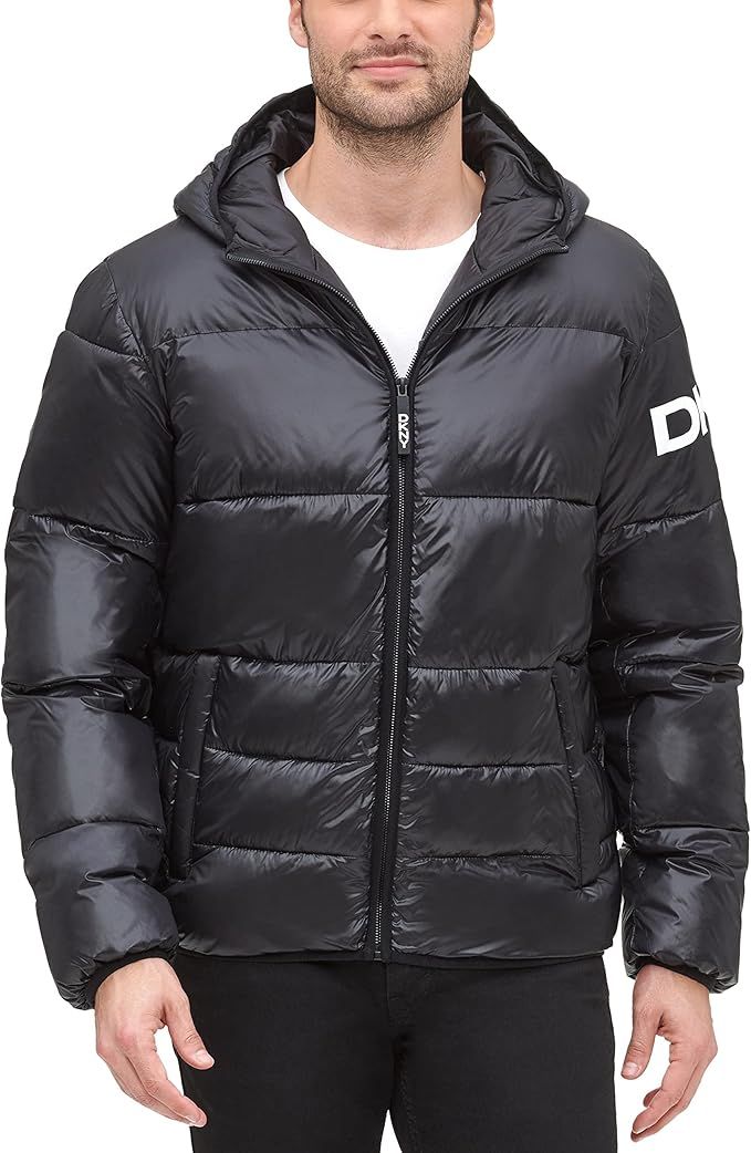 DKNY Men's Water Resistant Ultra Loft Hooded Logo Puffer Jacket (Standard and Big & Tall) | Amazon (US)