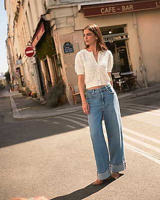 Low Slung Light Wash Cuffed Baggy Jeans | Express