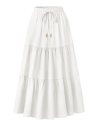 HAEOF Women's Summer Boho Maxi Skirt A-Line Flowy Swing Ruffle Tiered Elastic High Waist Long Beach Skirts with Pockets(White, M) | Amazon (US)