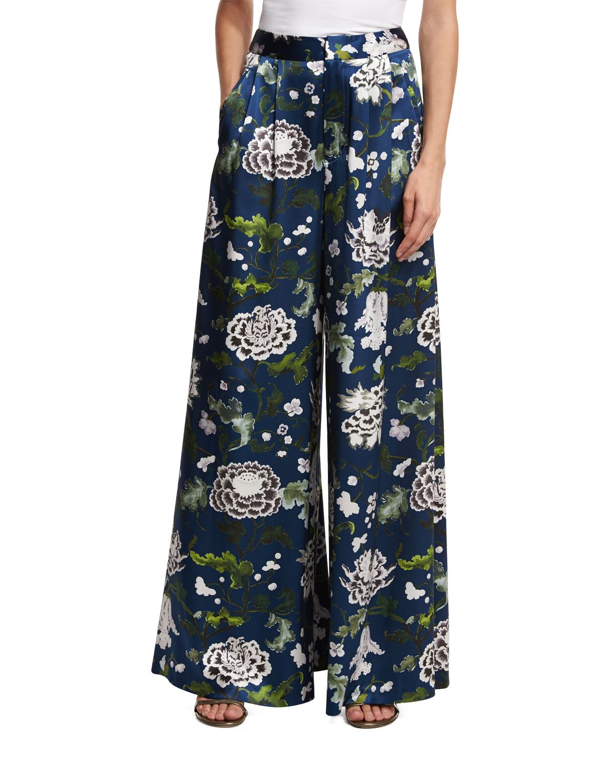 Floral-Print Wide-Leg Satin Pants, Blue Pattern | Bergdorf Goodman
