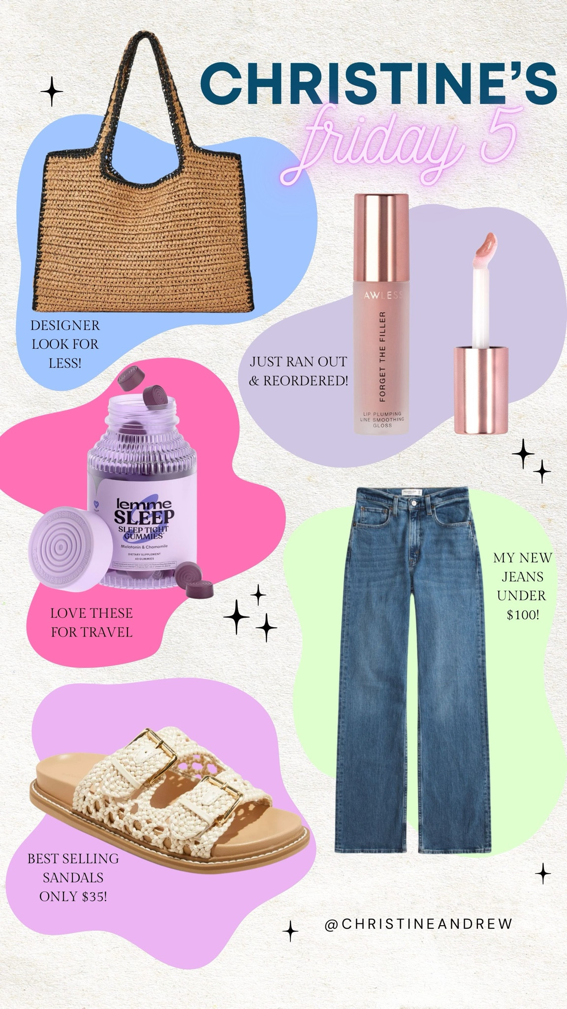 Friday 5 ✨ five things I’m loving right now 🩵
1. New beach bag from Target - giving major Loewe vibes 
2. My lawless lipgloss - just ran out and immediately ordered more 
3. Lemme sleep gummies - these are great for traveling 
4. Just got these Abercrombie jeans & love the darker wash and no distressing 
5. These Target sandals! I’ve been wearing them on repeat & now they’re a top seller 

#LTKFindsUnder50 #LTKMostLoved #LTKShoeCrush