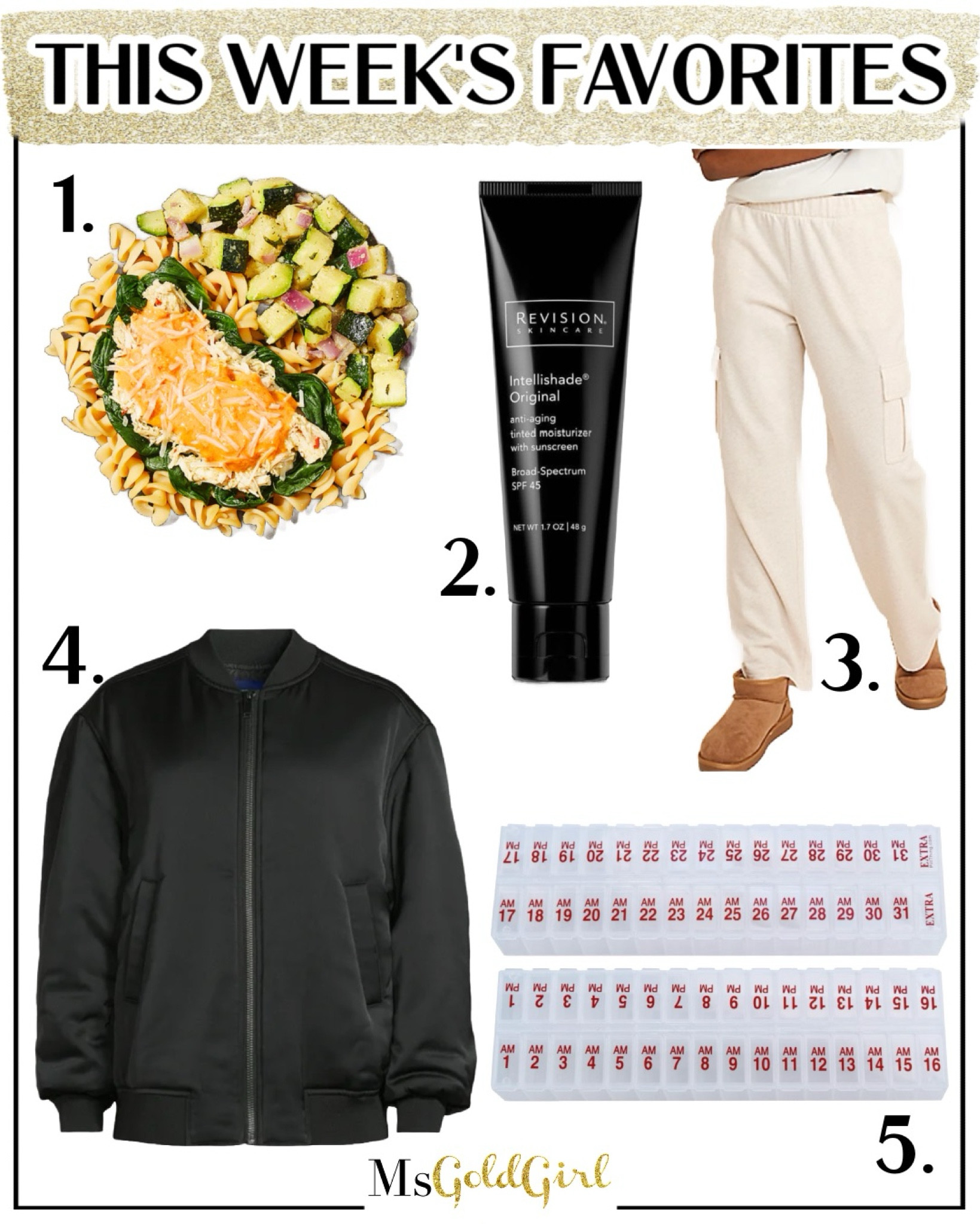 Loving this five faves this week:

1. Trying out @Factor75 meals and loving how good they taste and no prep-just heat them up. Use code MARNIE50 to get 50% off your first box. 

2. Love this tinted mineral sunscreen on no makeup days-gives good coverage-but also layers well under makeup too. 

3. These wide leg pull on knit cargo pants are SO comfy! I have them in an XS Short. Comes in extended sizes. 

4. Been living in this oversized satin bomber jacket. Wish I got it in the pale pink too! Have it in XS. 

5. Spend a little time at the beginning of the month filling all the compartments and you’re done organizing all your meds , vitamins and supplements for the month!

#emptynester #beautyfavorites #mealdelivery #amazonfinds #walmartfashion  

#LTKfamily #LTKover40 #LTKbeauty