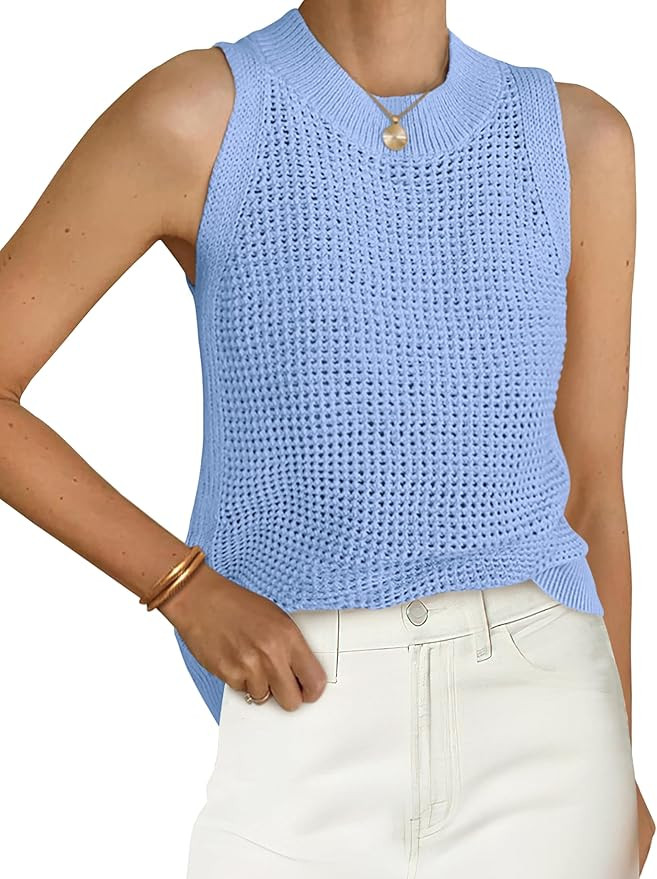 PRETTYGARDEN Summer Crochet Tank Tops for Women 2026 Casual Crewneck Hollow Out Loose Knit Sleeve... | Amazon (US)
