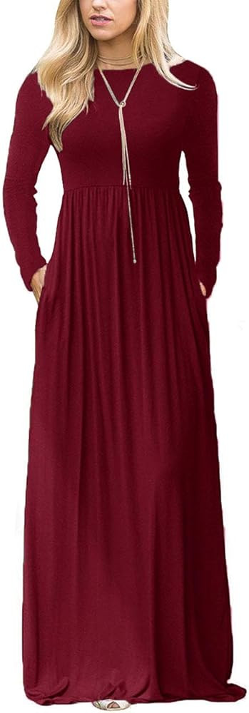 Women's Long Sleeve Plaid Empire Waist Full Length Maxi Dress with Pockets | Amazon (US)