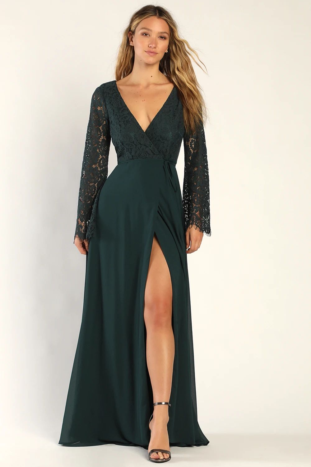 Utterly In Love Emerald Green Lace Long Sleeve Wrap Dress | Lulus (US)