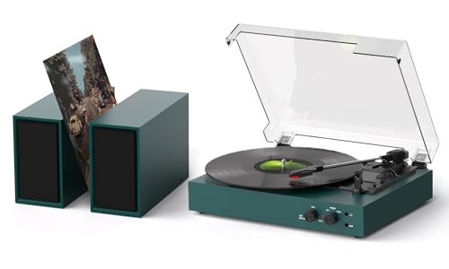 Vinyl Record Player with Bluetooth and Stereo External Speakers | Vinyl to MP3 Converter | 3-Speed Turntable with USB Recording, AUX Input, RCA Output, Headphone Jack, Auto Stop, Green | Amazon (US)