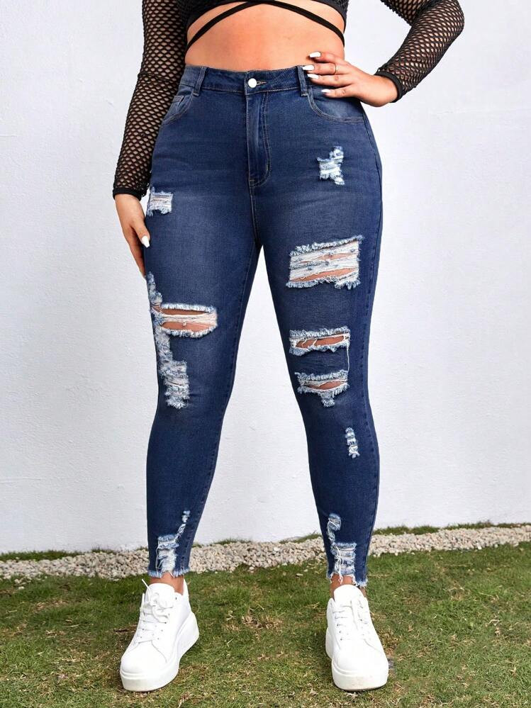 SHEIN CURVE+ Plus Size Distressed Stretch Denim Jeans | SHEIN