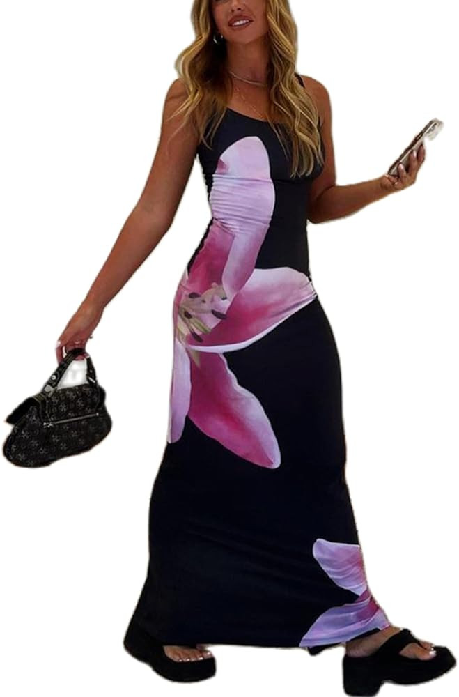 KMBANGI Women Floral Slip Dress Spaghetti Strap Flowers Print Maxi Dresses Backless Y2k Bodycon S... | Amazon (US)