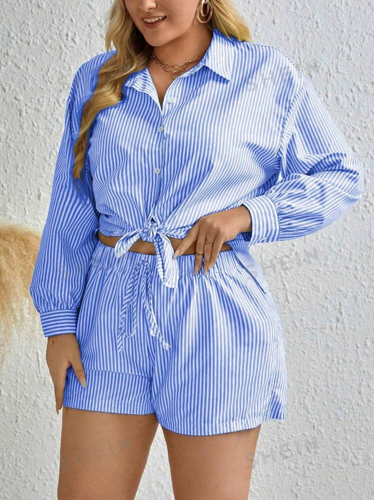SHEIN Slayr Plus Size Striped Long Sleeve Shirt And Shorts Casual Two Piece Set Short Sets Summer | SHEIN