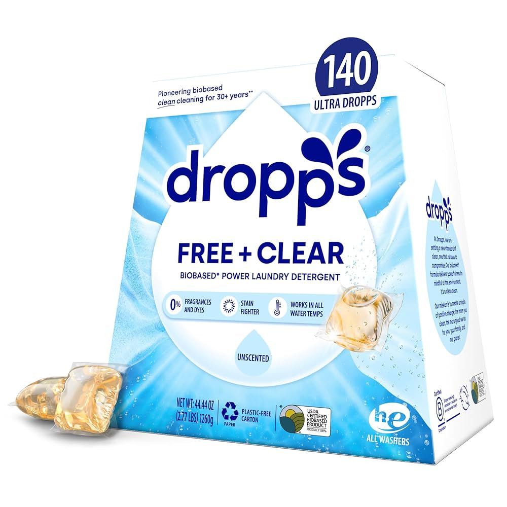 Dropps Free + Clear Biobased Power Laundry Detergent Pods, Unscented (140 Count) - HE Compatible ... | Amazon (US)