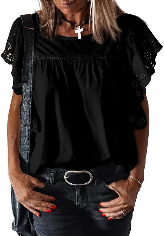 SHEWIN Women's Summer Tops Dressy Casual Crewneck Hollow Out Lace Embroidered Ruffle Short Sleeve... | Amazon (US)