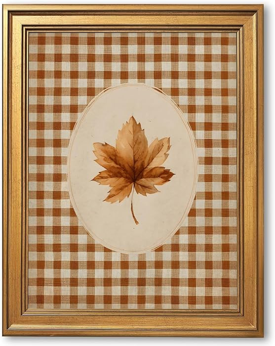 Gold Framed Autumn Leaf Canvas Wall Art Print Gingham Fall Botanical Painting Rustic Cottagecore Farmhouse Picture Decor Cozy Artwork Home Decoration for Bedroom Kitchen Thanksgiving 8x10inch | Amazon (US)