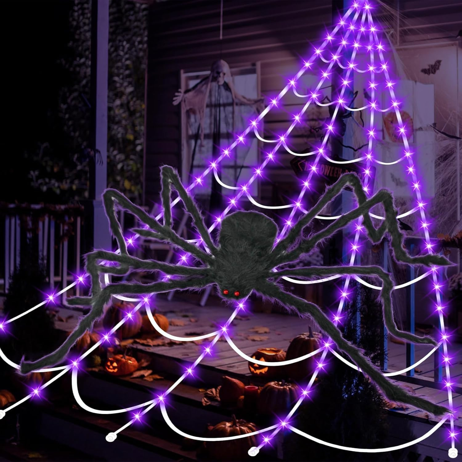 Halloween Decoration Spider Web Lights - Upgraded 2024 Halloween Lights Outdoor, 135 Purple LEDs,... | Amazon (CA)