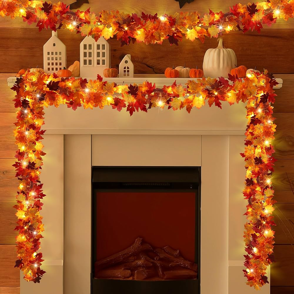2 Pack Fall Maple Leaves Garland with LED Light 5.7 Feet Artificial Autumn Maple Garland Hanging ... | Amazon (US)