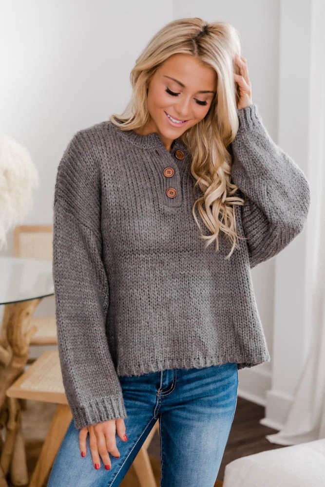 Kicked Back Charcoal Henley Sweater | The Pink Lily Boutique