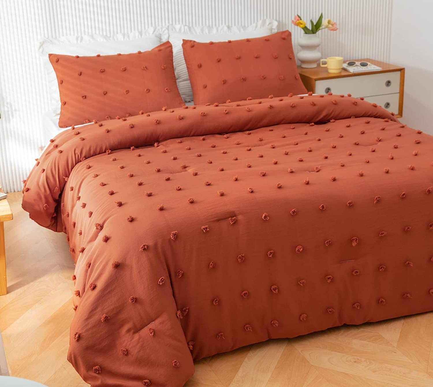 JANZAA Terracotta Comforter Queen Comforter Set Burnt Orange Comforter Boho Comforter Tufted Pom ... | Amazon (US)
