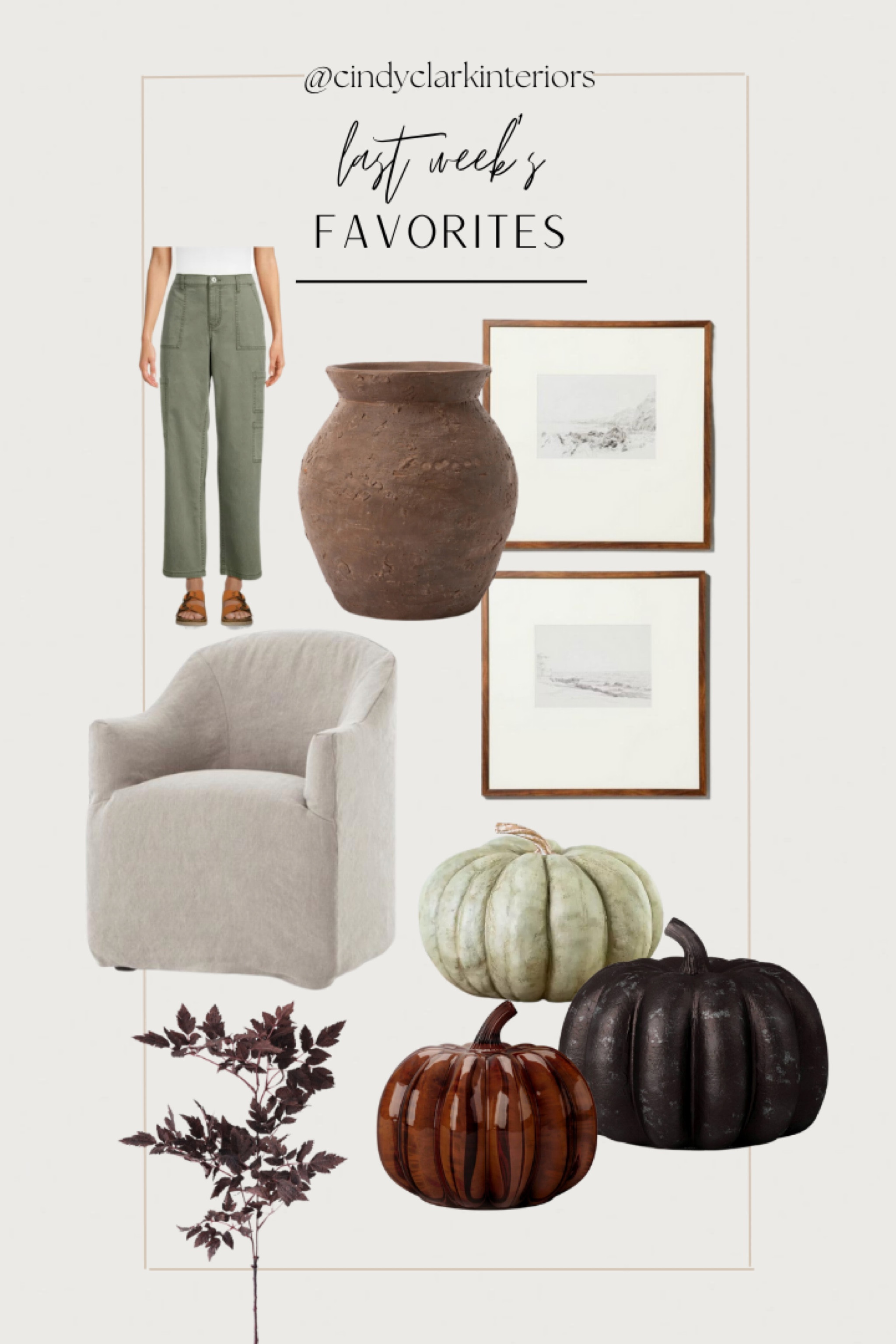 All of last week’s favorites in one place!

Cargo pants, Walmart, vase, vintage pot, McGee and Co, art, Target, dining chair, upholstered, Kathy kuo home, pumpkins, stems, Afloral, fall

#LTKhome #LTKSale #LTKSeasonal