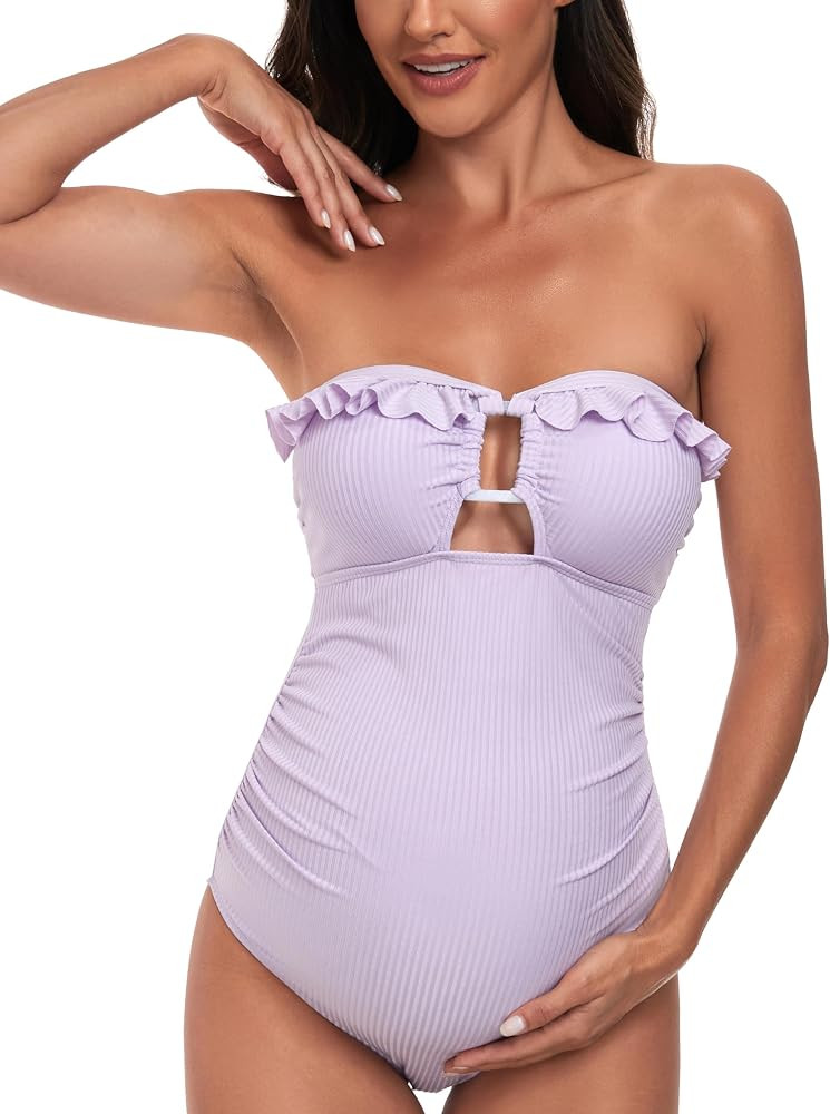 EastElegant Maternity Ruffle Ribbed Cutout One Piece Swimwear Square Ring Linked Pregnancy Bathin... | Amazon (US)