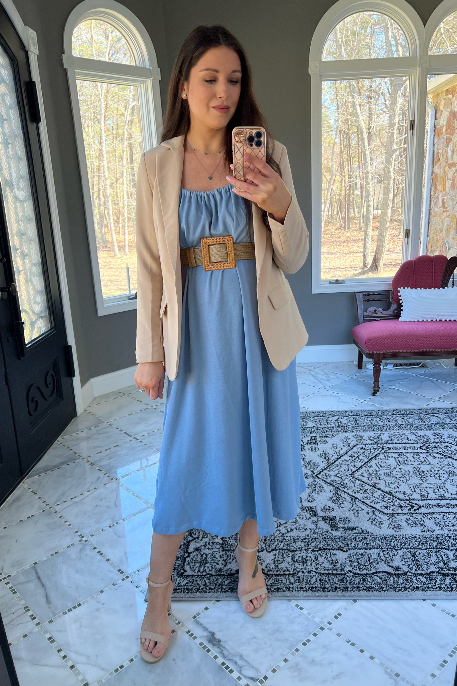 Easter outfit idea, Easter dress, spring dress, blue dress, bump friendly dress, woven belt, tan blazer, blazer outfit ideas, midi dress, flowy dress, h&m finds, h&m dress, dress sandals, low heel sandal, LTK bump, church outfit, classy style, Easter looks, outfit ideas, ootd, dressy casual, elevated casual, amazon blazer, amazon sandals, amazon belts 

#LTKunder50 #LTKFind #LTKstyletip