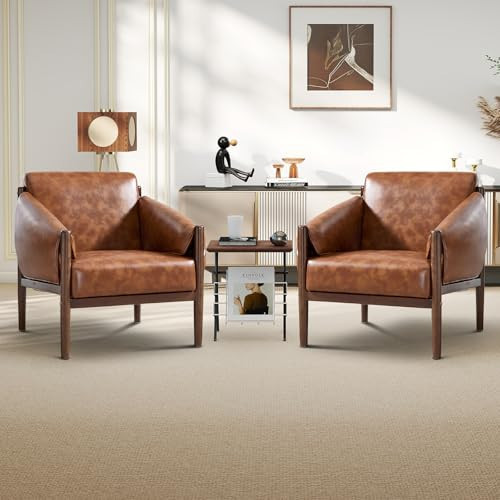 INZOY Mid Century Accent Chair Set of 2 with Wood Frame, PU Leather Reading Armchair with Removable Armrest Pads, Upholstered Living Room Chairs for Bedroom, Brown | Amazon (US)
