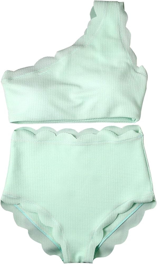 High Waisted Bikini Set One Shoulder Vintage Scalloped Flounced Swimsuit Wavy Edge Swimwear | Amazon (US)