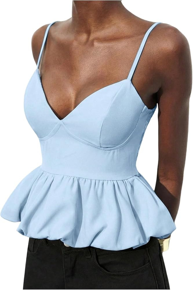 WDIRARA Women's Bubble Hem Camisole Top V Neck Spaghetti Strap Smocked Ruffle Cami Tops | Amazon (US)
