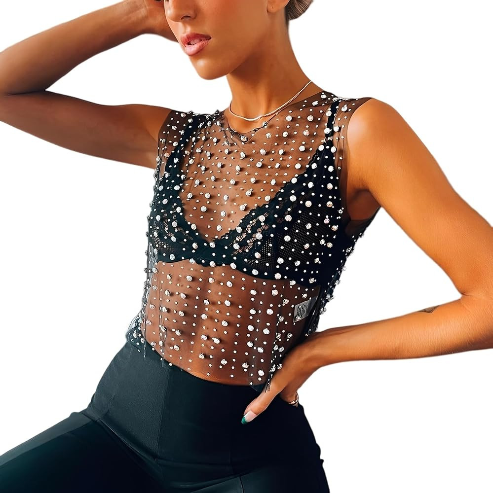 Women's Rhinestone Mesh Top,Rhinestone Dress,Pearl Top for Women,Pearl Mesh Top,Pearl Crop Top,Se... | Amazon (US)