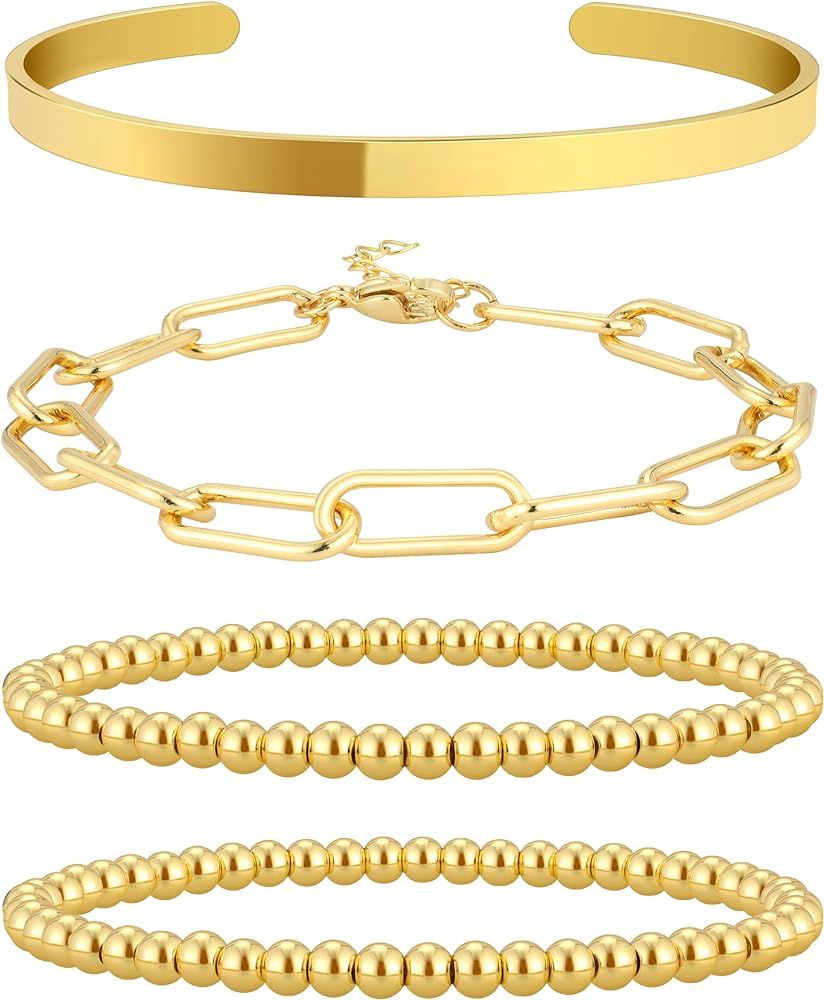Reoxvo Gold Bracelets for Women Stack 14K Gold Plated Bangle Cuff Bracelet Set for Women Non Tarn... | Amazon (US)