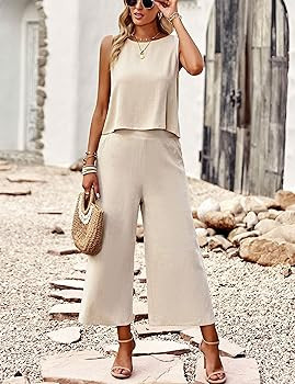 HangNiFang Womens Summer Casual 2 Piece Outfits Round Neck Crop Top Cropped Wide Leg Pants Jumpsu... | Amazon (US)